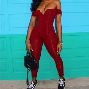 Pure Color Off Shoulder V Neck Jumpsuits
